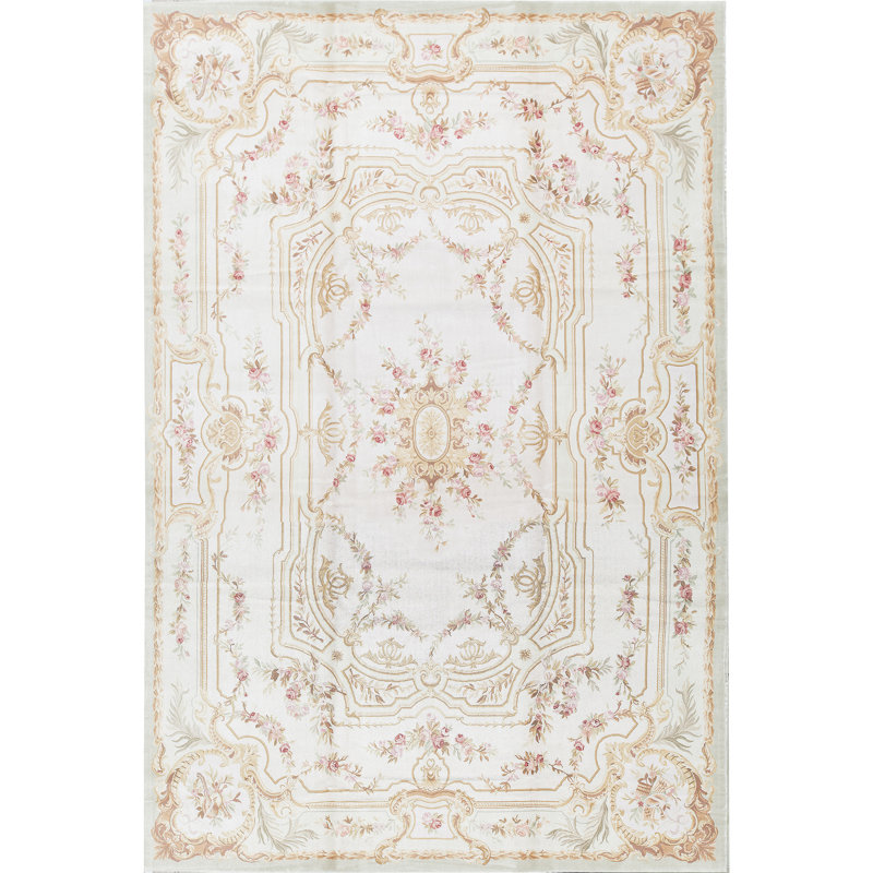 Tapis ivoire et vert noué à la main de haute qualité