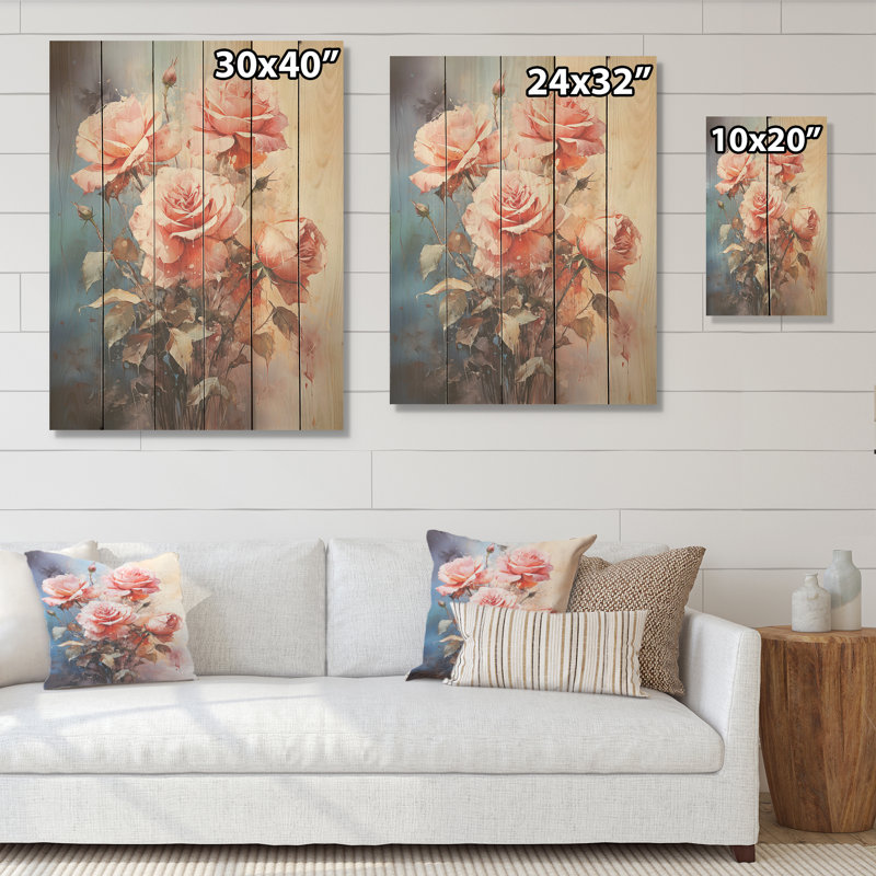 Harmonous Rose Bouquet - Roses, art sur bois de pin naturel, H 20 po x l 10 po