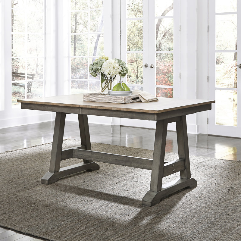 Keswick 6 Person Trestle Dining Table Set w/ 18" Butterfly Leaf, Brown, 7 Pieces: Table, 6 Chairs
