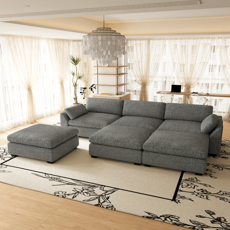 Canapé 3 places imperméable en chenille avec trois poufs amovibles, Gris clair