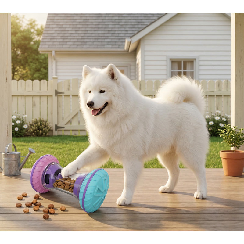 Jouet interactif pour chien avec haltères interactif, distribution de friandises réglable, roulement silencieux pour appartement, rose