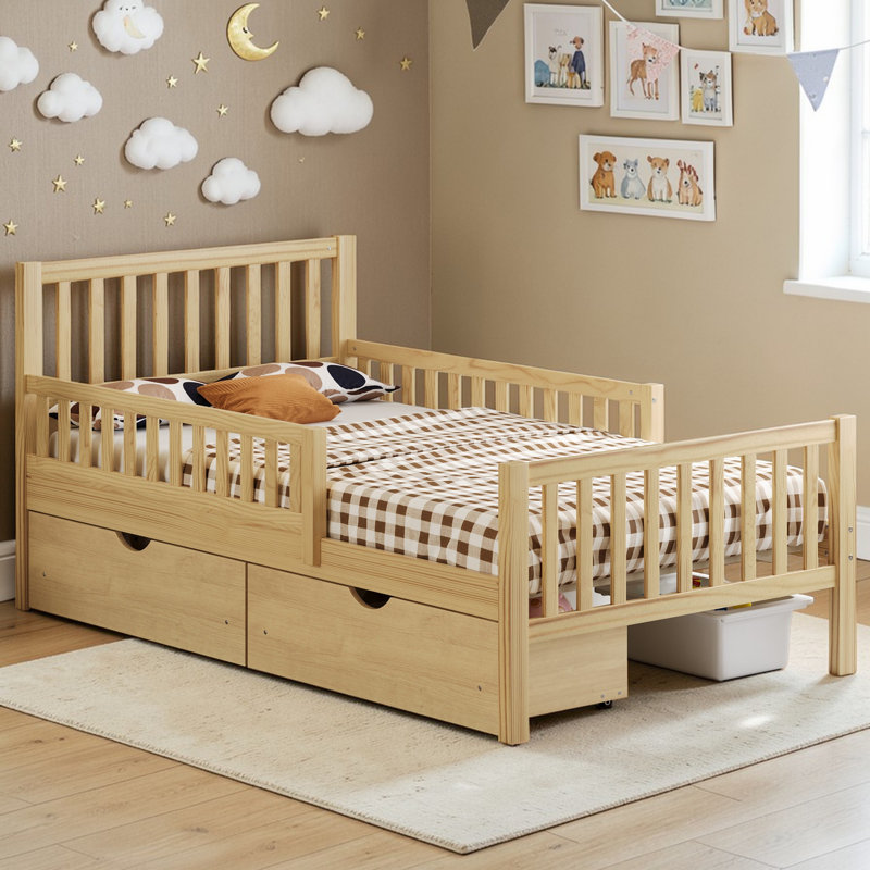 Lit plateforme en bois avec garde-corps des deux côtés et deux tiroirs de rangement, Lit simple, Naturel
