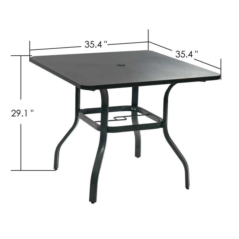 Square Metal Patio Dining Table with Woodgrain Top and Umbrella Hole