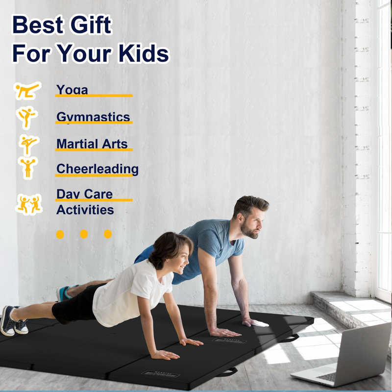 Black 3'x6'x2'' Folding Gymnastics Exercise Mat with PU Leather