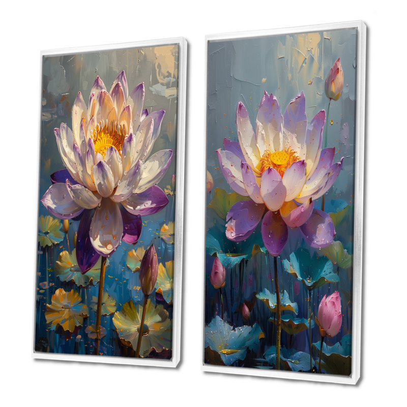 Mauve et gris lotus Bloom I - ensemble d'art mural lotus 2 pièces, H 32 po x l 32 po, Impression encadrée, Blanc