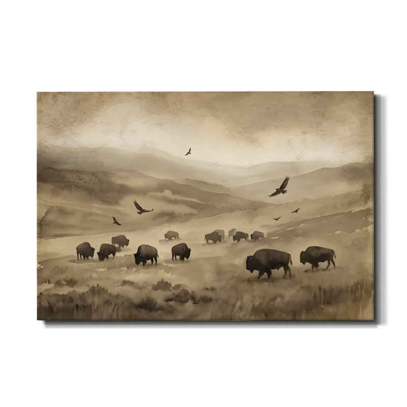 «Misty Prairie», sépia aquarelle, bison et vol d'oiseaux