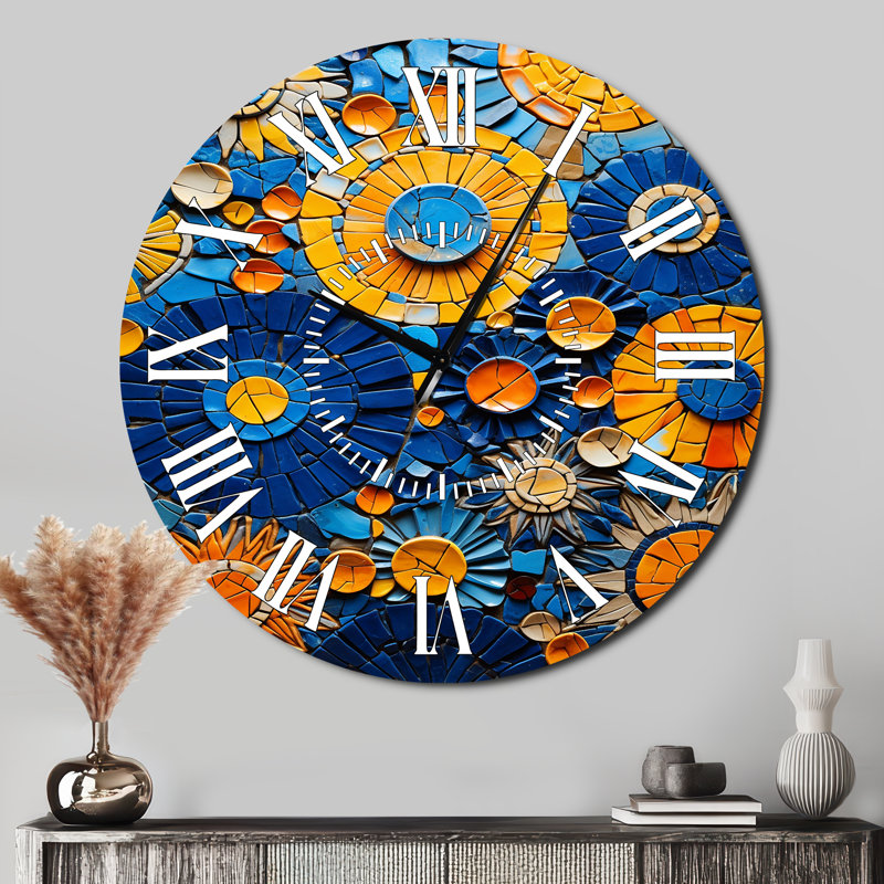 Horloge murale jaune et bleue à carreaux de mosaïque 2 - Boho, Surdimensionné