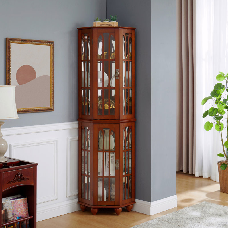 Armoire d'angle, en bois de verre, avec 4 tablettes réglables et système d'éclairage, pieds solides, panneau arrière en miroir en acrylique