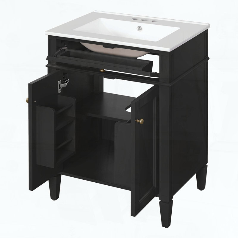 Meuble-lavabo avec lavabo en céramique, deux portes à fermeture amortie, tiroirs et rangements de porte basculants, noir