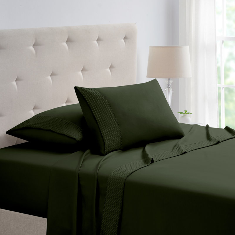 Bamboo 4 Piece 1800 Thread Count Waffle Hem Sheet Set, Sage, Queen