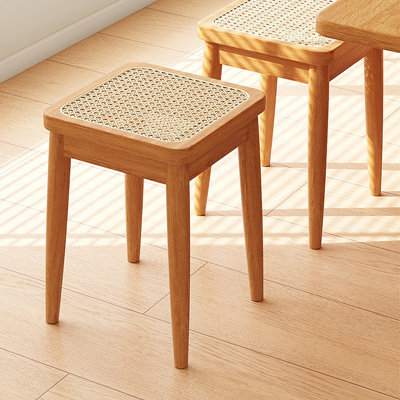 2Pc,Solid Wood Wicker Stool, Suitable For Home Use, Can Be Stacked, Antique Square Stool, Dining Table Stool, Spare, Breathable, Simple, High-Backed Chair
