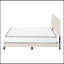 Lit, grand lit, tapissier, aspect lin beige, pieds en bois noir, transitionnel