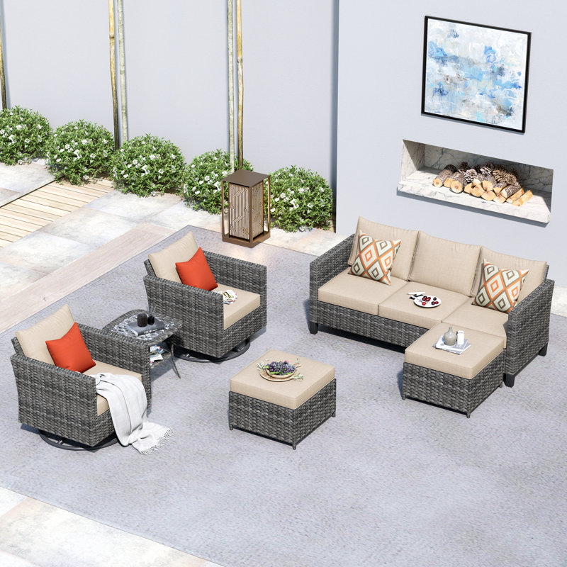 Ensemble de patio complet en rotin pour 5 personnes avec foyer Ben, Polypropylène beige / oléfine, Non