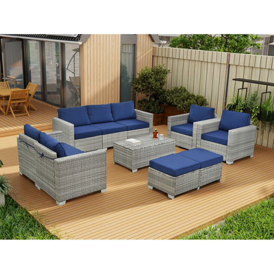 Ensemble de mobilier de patio en rotin 10 pièces, ensemble de canapé modulaire, ensemble de mobilier d'extérieur avec coussins et table basse en verre trempé, ensemble modulaire d'extérieur