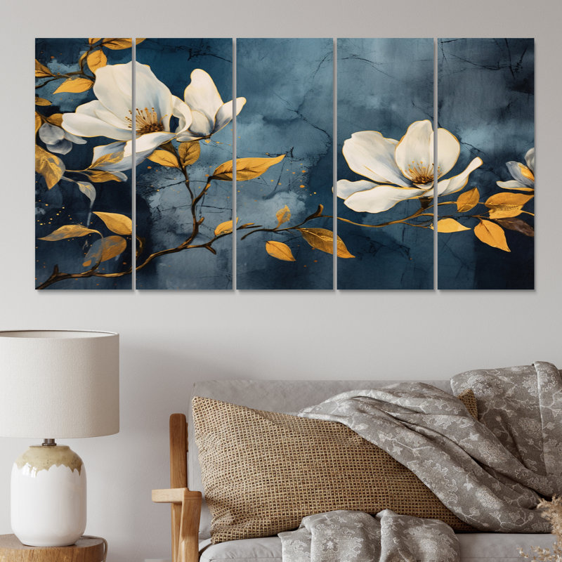 Ensemble de décorations murales en métal jaune et gris Magnolias Nature Elegance II