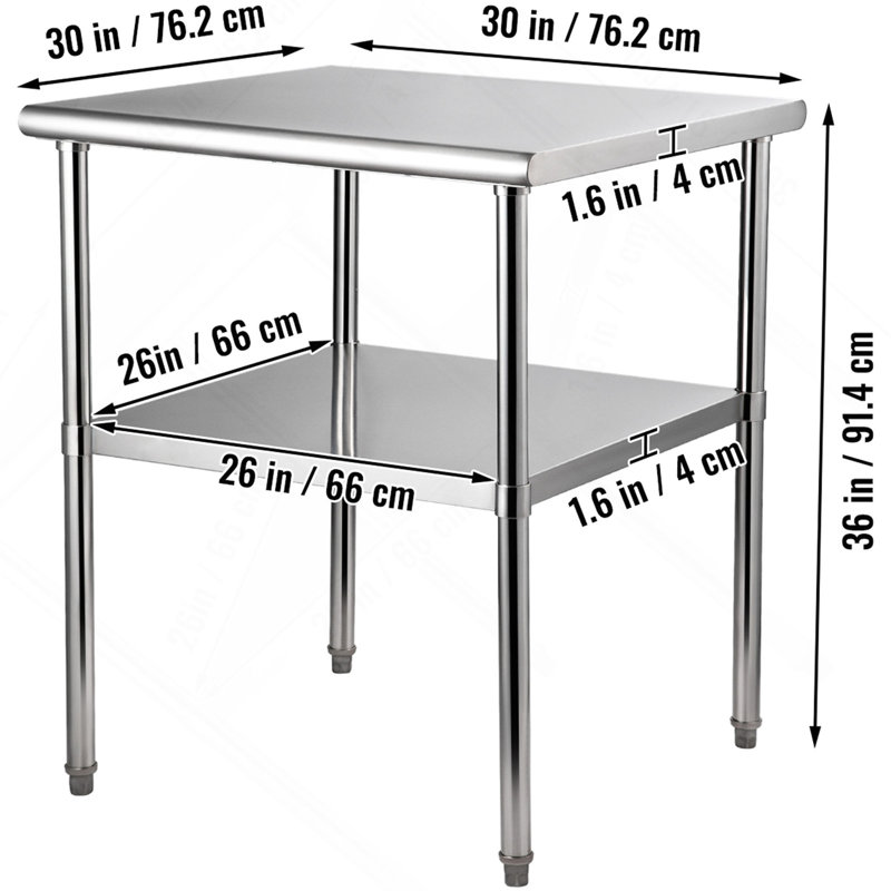 Table de préparation en acier inoxydable, 30 x 30 x 36 pouces, capacité de charge de 800 lb, table de travail en métal robuste avec tablette et pieds réglables, poste de travail commercial pour la cuisine, le garage et la cour arrière