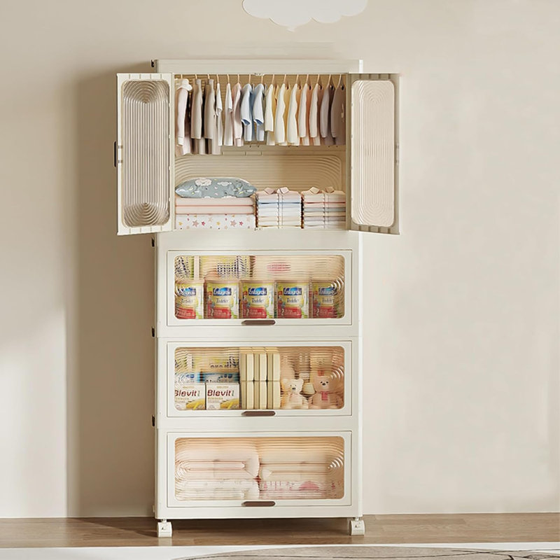 Garde-robe en plastique, garde-robe avec portes et tringle, 4 boîtes de rangement empilables en plastique pour la chambre à coucher