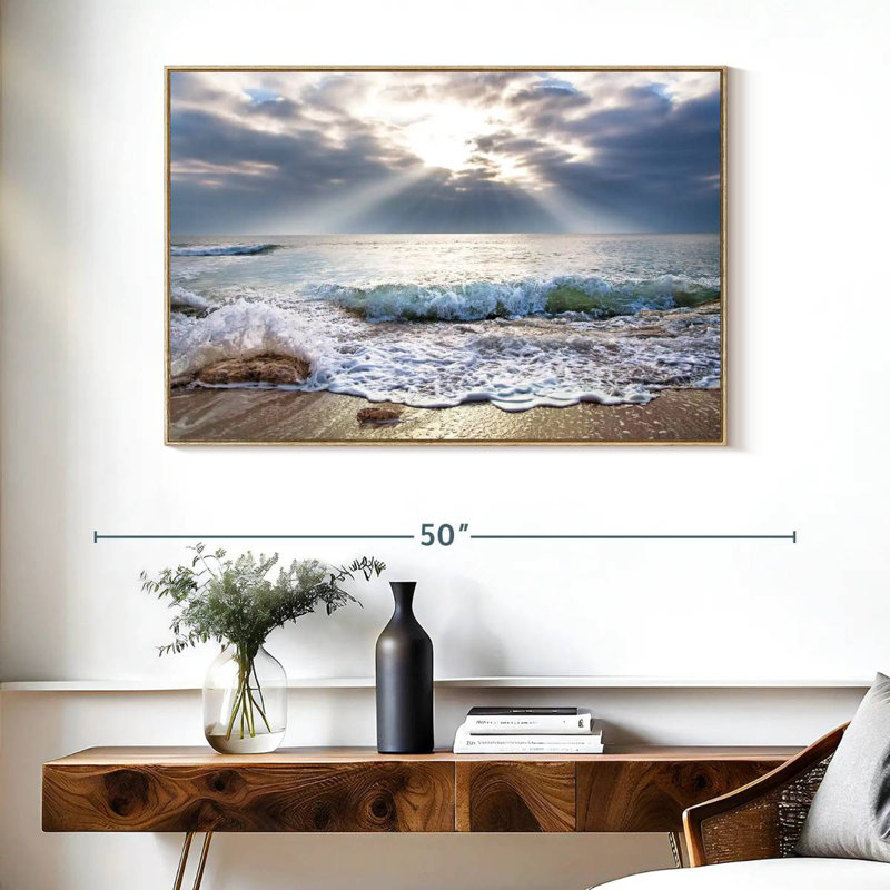 Océan au lever du soleil, Cadre flottant en bois naturel, 40 po x 27 po