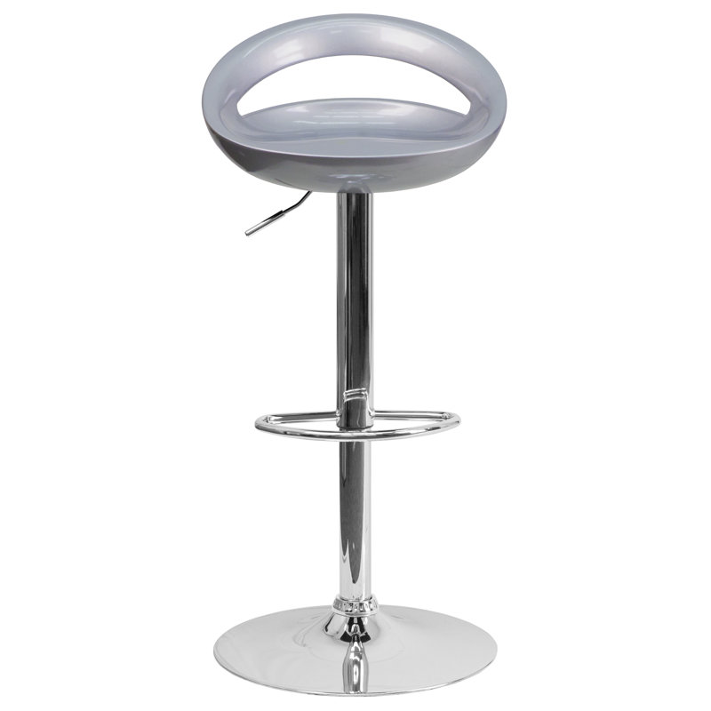 Contemporary Plastic Adjustable Height Barstool with Rounded Cutout Back and Chrome Base, Silver
