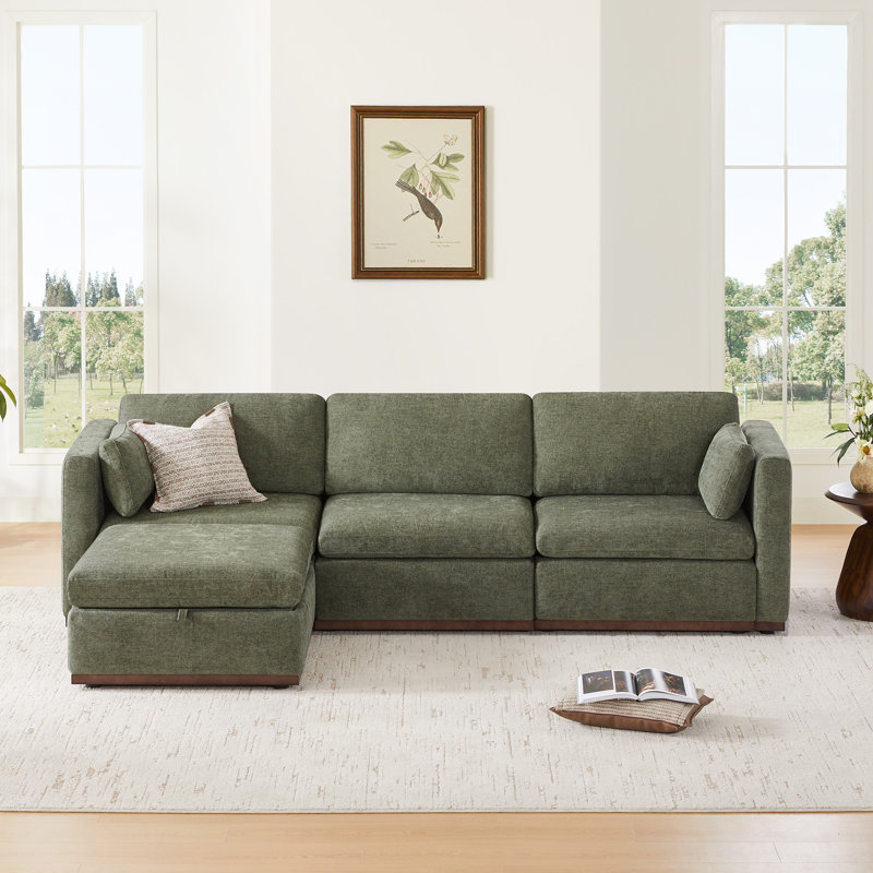 Sayette 4-Piece 112'' Upholstered Modular Sectional with Ottoman, Moss Green Polyester