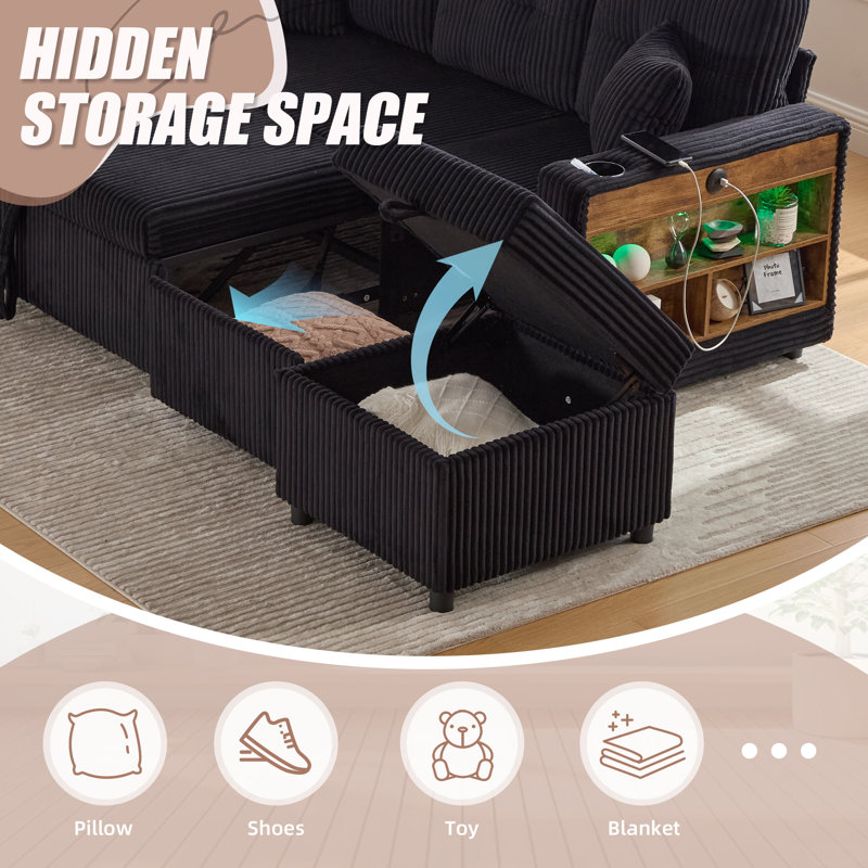 3 Seater Corduroy Sofa Bed, Black Corduroy