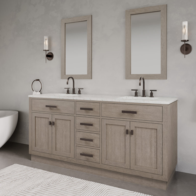 Chestnut 72" Carrara White Marble Countertop Bath Vanity with Faucet, Gray Oak