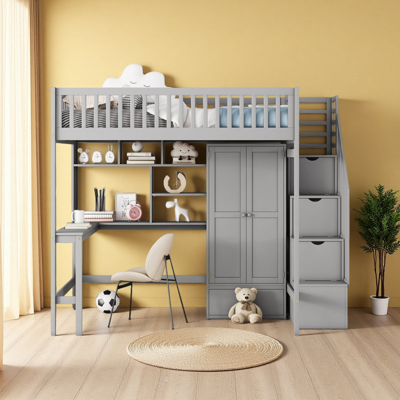 Harriet Bee Full Size Loft Bed With Bookshelf,Drawers,Desk,And Wardrobe ...