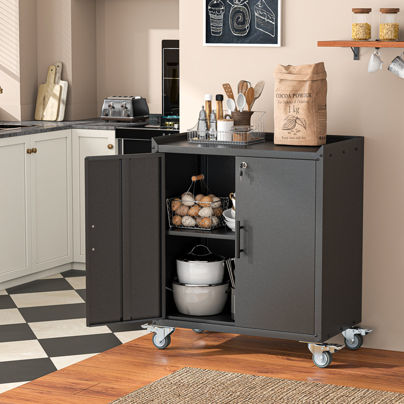 Petite armoire de rangement en métal avec portes verrouillables, roulettes et tablettes réglables, 35.6"H, Black