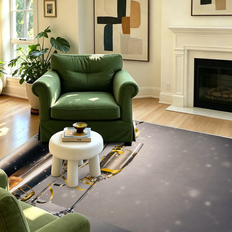 Tapis intérieur doré lavable à la machine, motif de paire de coupes de champagne et de bouteilles, Rectangle 39 po x 63 po