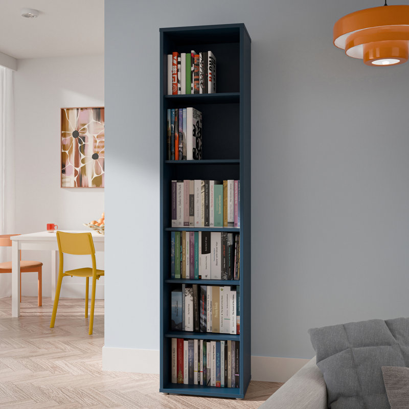 Modern minimalistic shelf unit with 6 open shelves, bookshelf, engineered wood, 49.8 cm W x 214.3 cm H x 34.9 cm D, Navy