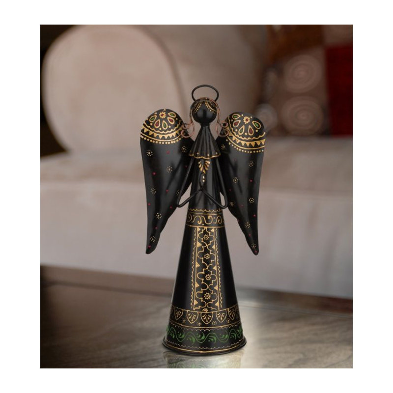 Figurine d'ange debout en métal 16 po avec une aile complexe et une œuvre d'art peinte à la main détaillée - noir / or, Noir