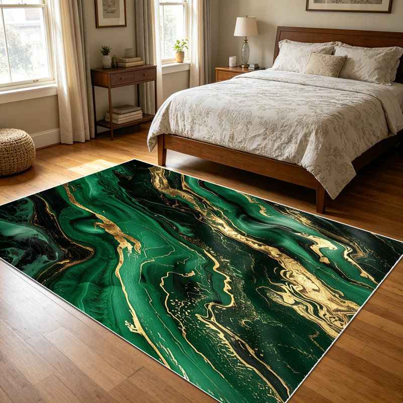 1PC Emerald Green Gold Fluid Marble Agate area rugs for Living Room, Soft and Comfortable, Suitable for all seasons, easy-to-maintain, machine washable Indoor floor mat, Under Table Farmhouse suitable for dining table, entryway, bedroom, kitchen,