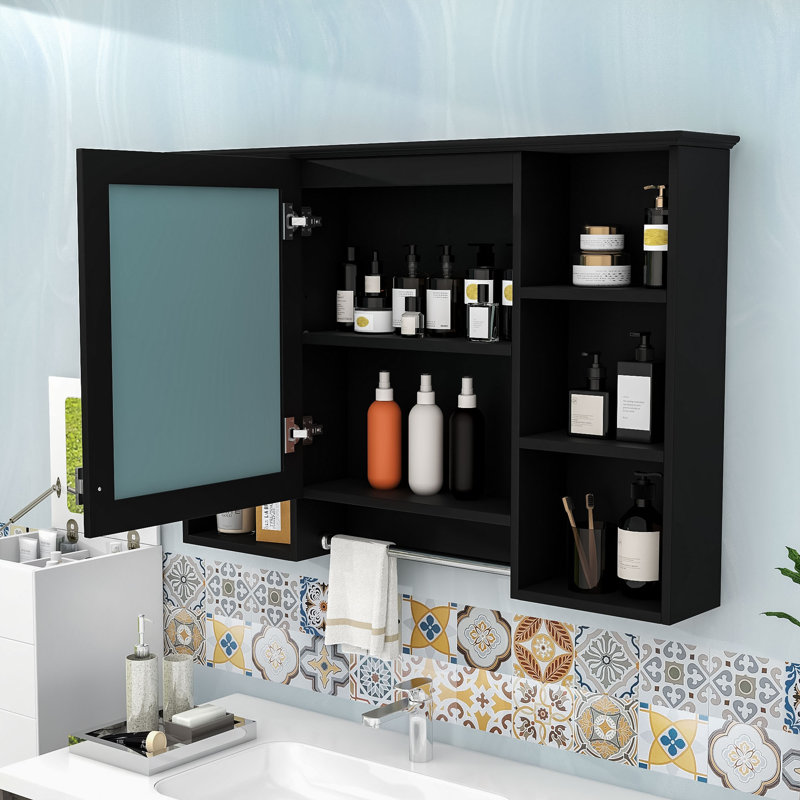 Armoire de salle de bain élégante avec tablettes réglables et barre à serviettes, Noir