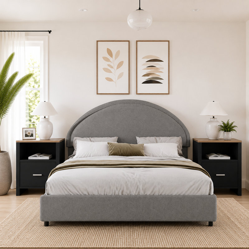 Ensemble de chambre à coucher 3 pièces, avec cadre de lit plateforme tapissier Boucle et base de bois ouverte, Gris, Double