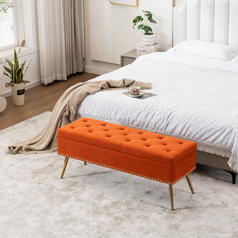 Velvet Storage Bench with Gold Legs Nailhead Trim, Upholstered Bedroom Bench for End of Bed, Orange, 18" H x 46" W x 15.5" D