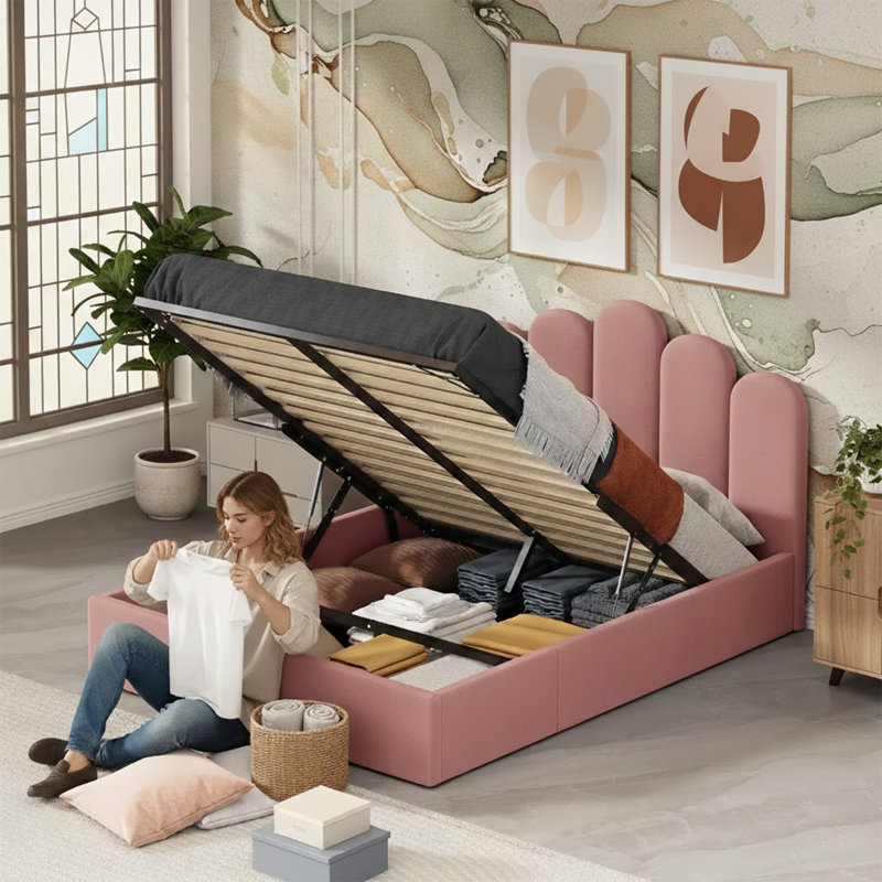 Lit plateforme tapissier Petal Palm, Double, Rose