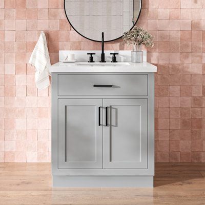 Tidworth 30'' Solid Wood Single Bathroom Vanity with 1.5'' White Quartz Top, Rectangular Sink