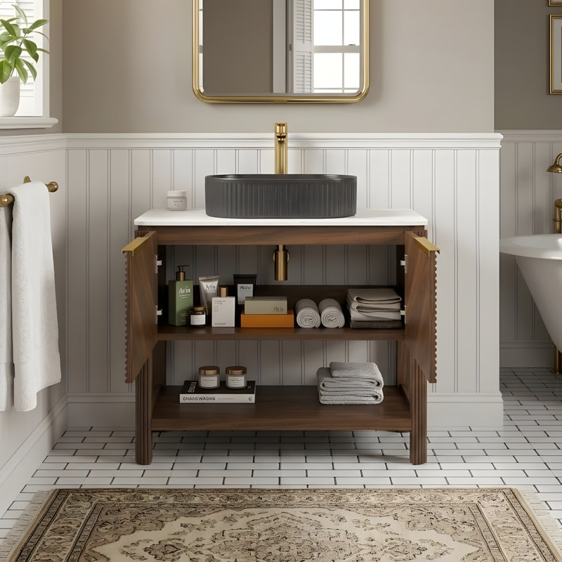 Meuble-lavabo de 36 pouces avec lavabo, deux portes à lattes et un bassin ovale en céramique à rayures noires