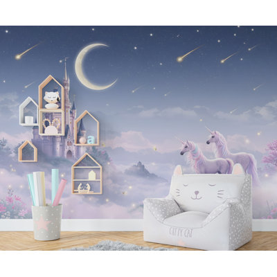 Unicorn Princess Castle, impression murale, peler et coller, papier peint pour chambre de fille