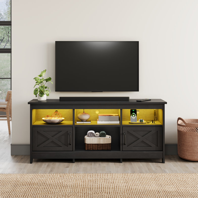 Ushna Media Console, TV Stand for TVs with Lights, Black, 25.5" H x 59" W x 15.7" D
