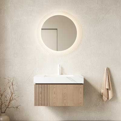 Meuble-lavabo de salle de bain 30 po avec dessus en pierre frittée blanche, armoire de rangement flottante en contreplaqué, lavabo en céramique avec trou pré-percé pour robinet, tiroir et porte, comptoir assemblé et