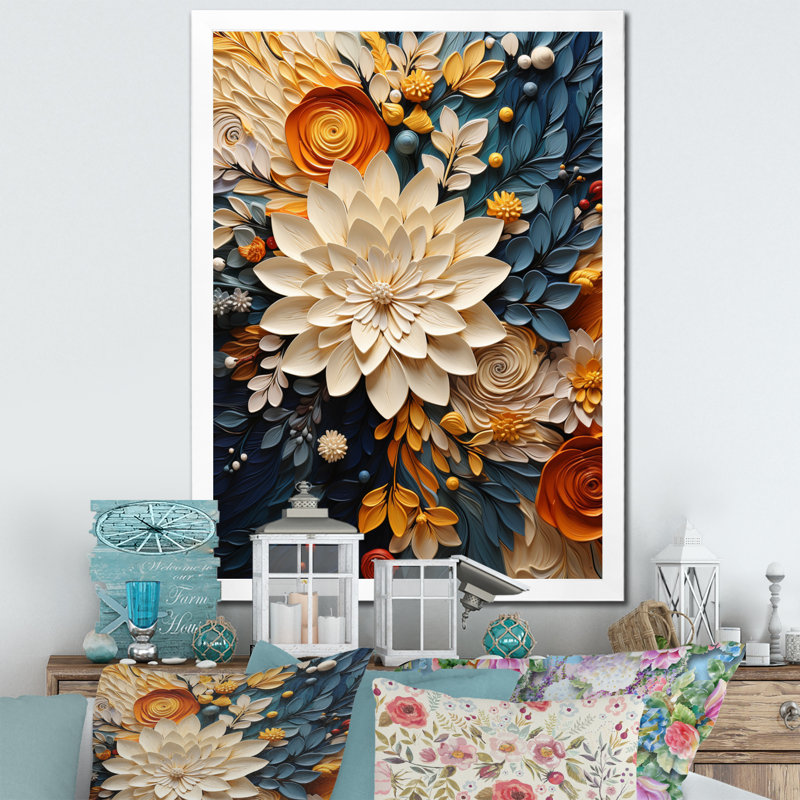 Reproduction d'aquarelle orange sarcelle tourbillon botanique IV, Cadre photo unique, H 32 po x l 24 po, Blanc