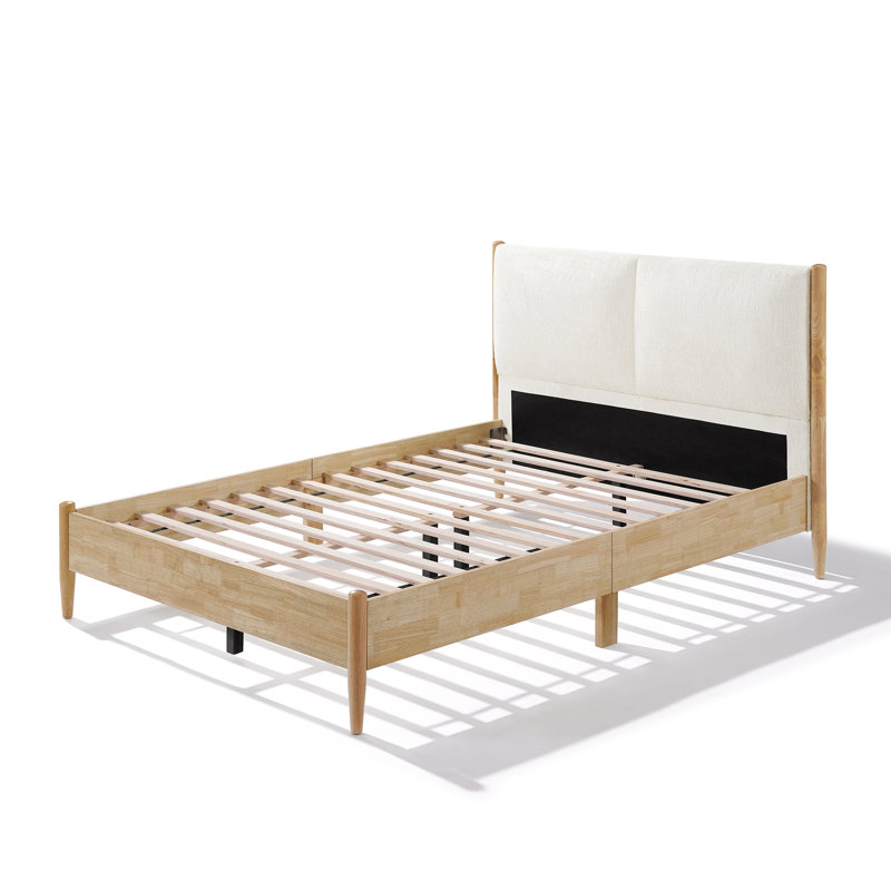 Structure de lit grand lit en bois naturel avec tête de lit tapissier blanc