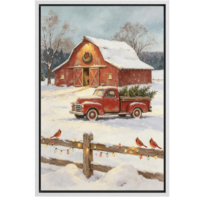 Snowy Christmas Barn with Red Pickup Truck and Cardinals Framed Canvas Master Bedroom Wall Art Work Print