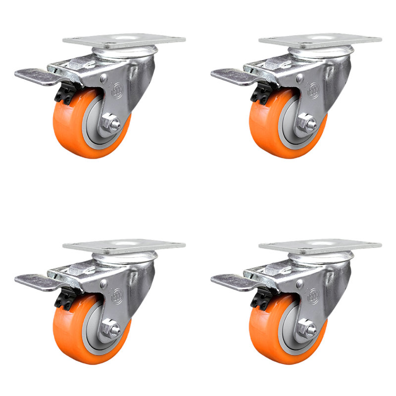 Ensemble de roulettes à plaque pivotante en polyuréthane 3 pouces avec frein à verrouillage total SCC, Orange
