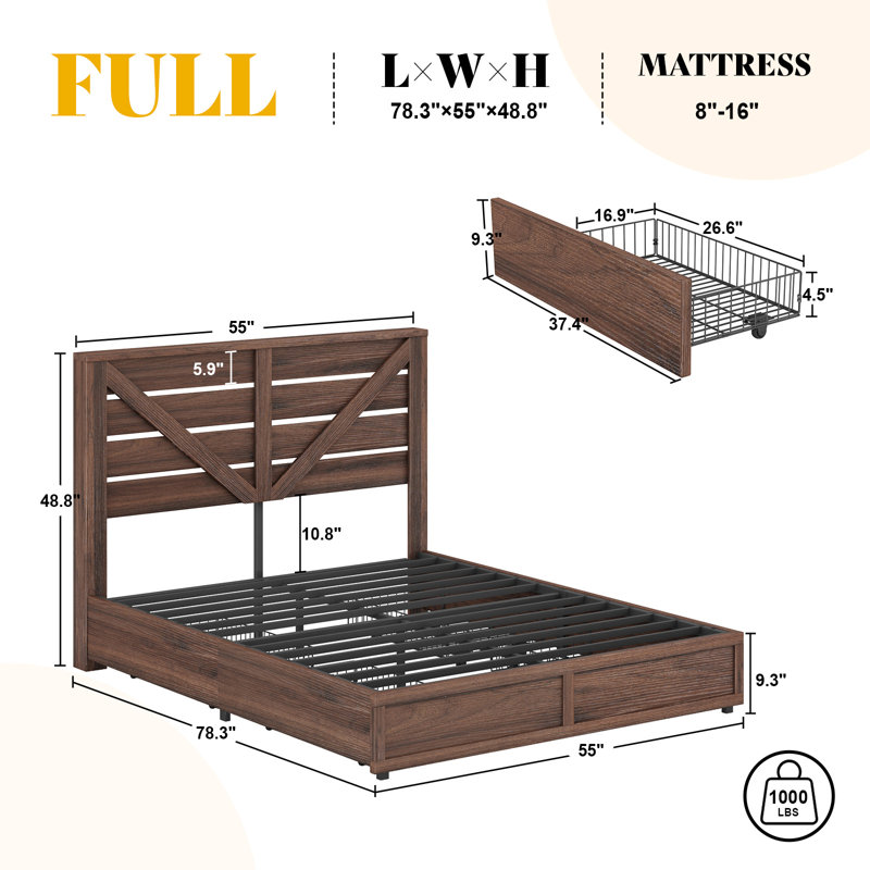 Oceant Farmhouse Full Size Bed Frame with 4 Drawers, Rustic Brown, Brown, Full