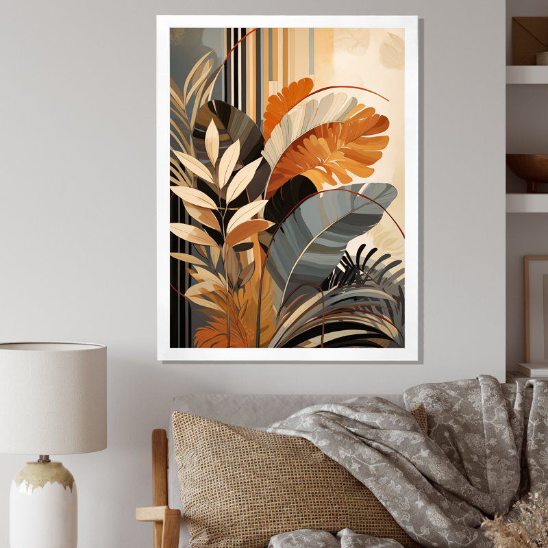 Funky Foliage In Terracotta Tons - Abstract Botanicals, art mural, Cadre simple blanc, H 32 po x l 16 po x P 1 po