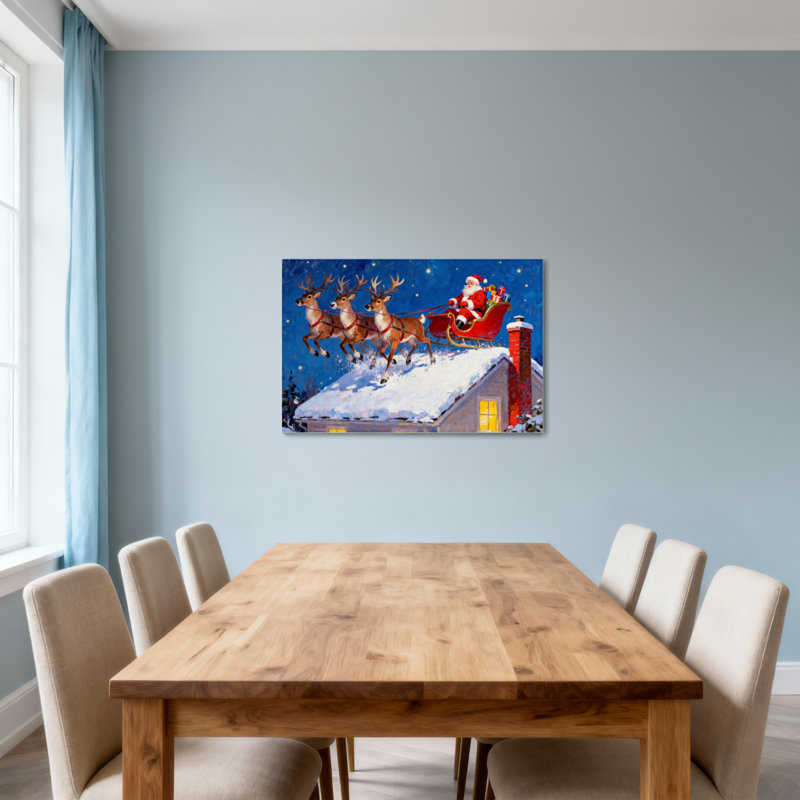 Noël, père Noël, traîneau, renne, toit enneigé, ciel nocturne, H 28 po x l 40 po