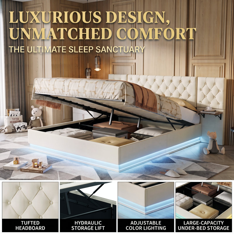 All-in-1 Tufted Ottoman Smart Bed With Integrated Lighting & Charging Ports, EU Double & King Size Upholstered Storage Beds