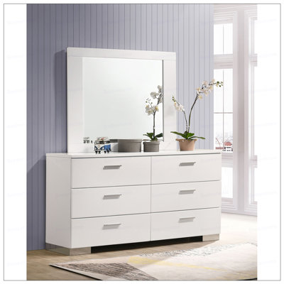 Commode 6 tiroirs très brillante avec miroir